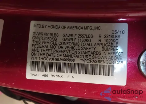 2018 Honda Accord Hybrid Touring из США, поврежденный, VIN 1HGCV3F98JA005868